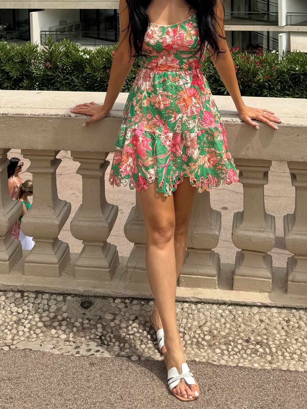 Flying Tomato Green Floral Cutout Dress with Pink & Peach Accents